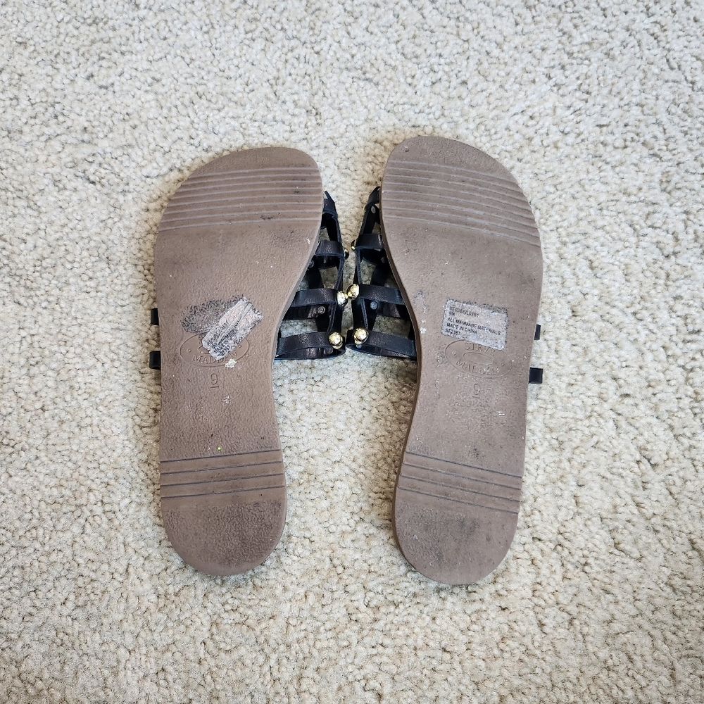 Steve Madden Brown Slide Sandals Black Gold Spheres Straps Size 9 + FREE BAG - Picture 2 of 10